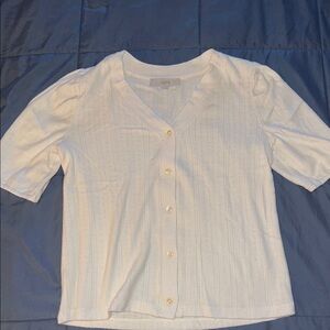 LOFT Cream V-Neck Button-Up Short Sleeve Sweater